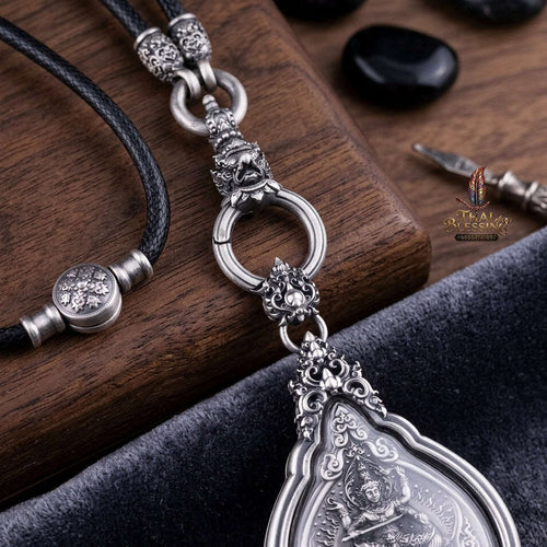 Authentic Sacred Thai Fine Art Amulet Necklace "Na Thep - Subarna Phaya Krut Garuda Edition" (925 Sterling Silver Rhodium-Plated Carabiner Clasp with Premium Korean Cord) Thai Blessing Co By RURUECHA