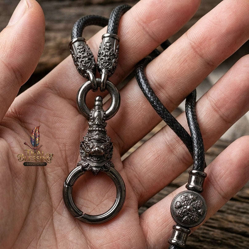Authentic Sacred Thai Fine Art Amulet Necklace "Na Thep - Subarna Phaya Krut Garuda Edition" (Black Rhodium-Plated Bronze Carabiner Clasp with Premium Korean Cord) Thai Blessing Co By RURUECHA