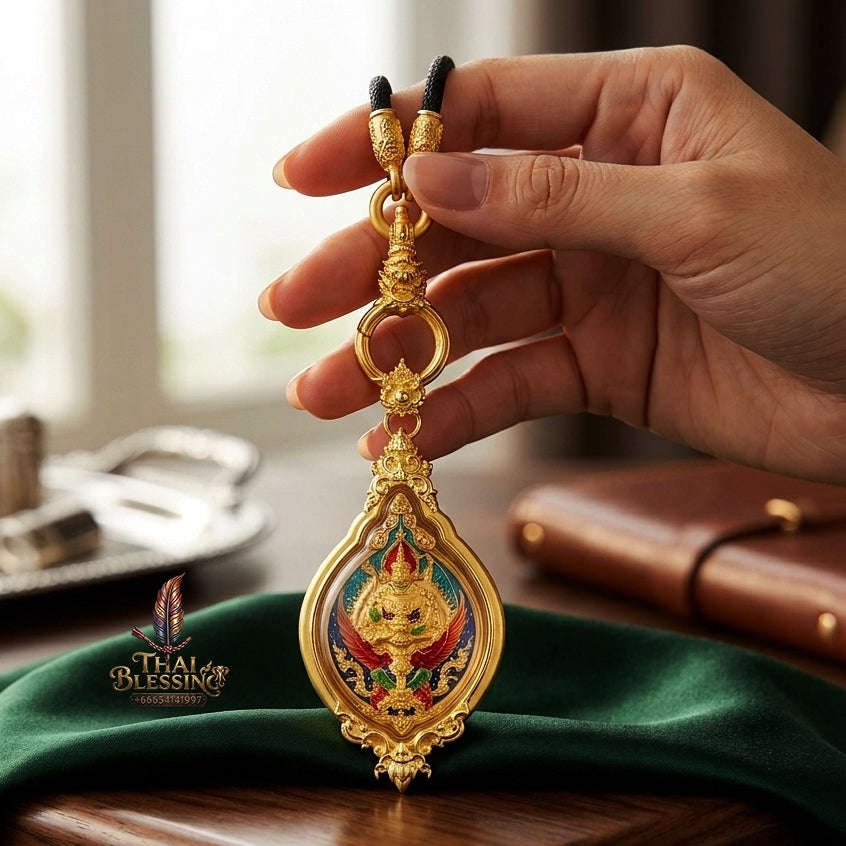 Authentic Sacred Thai Fine Art Amulet Necklace "Na Thep - Subarna Phaya Krut Garuda Edition" (Real Gold-Plated Bronze Carabiner Clasp with Premium Korean Cord) Thai Blessing Co By RURUECHA
