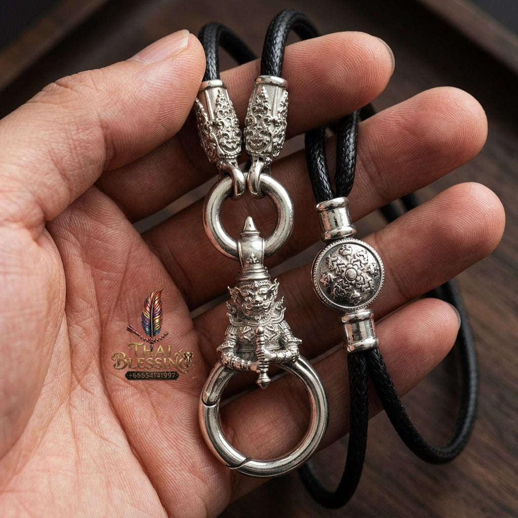 Authentic Sacred Thai Fine Art Amulet Necklace "Na Thep - Vessabusa Thao Wessuwan Edition" (925 Sterling Silver Rhodium-Plated Carabiner Clasp with Premium Korean Cord) Thai Blessing Co By RURUECHA