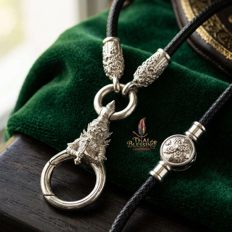 Authentic Sacred Thai Fine Art Amulet Necklace "Na Thep - Vessabusa Thao Wessuwan Edition" (925 Sterling Silver Rhodium-Plated Carabiner Clasp with Premium Korean Cord) Thai Blessing Co By RURUECHA