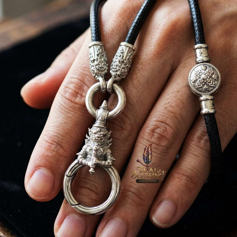 Authentic Sacred Thai Fine Art Amulet Necklace "Na Thep - Vessabusa Thao Wessuwan Edition" (925 Sterling Silver Rhodium-Plated Carabiner Clasp with Premium Korean Cord) Thai Blessing Co By RURUECHA