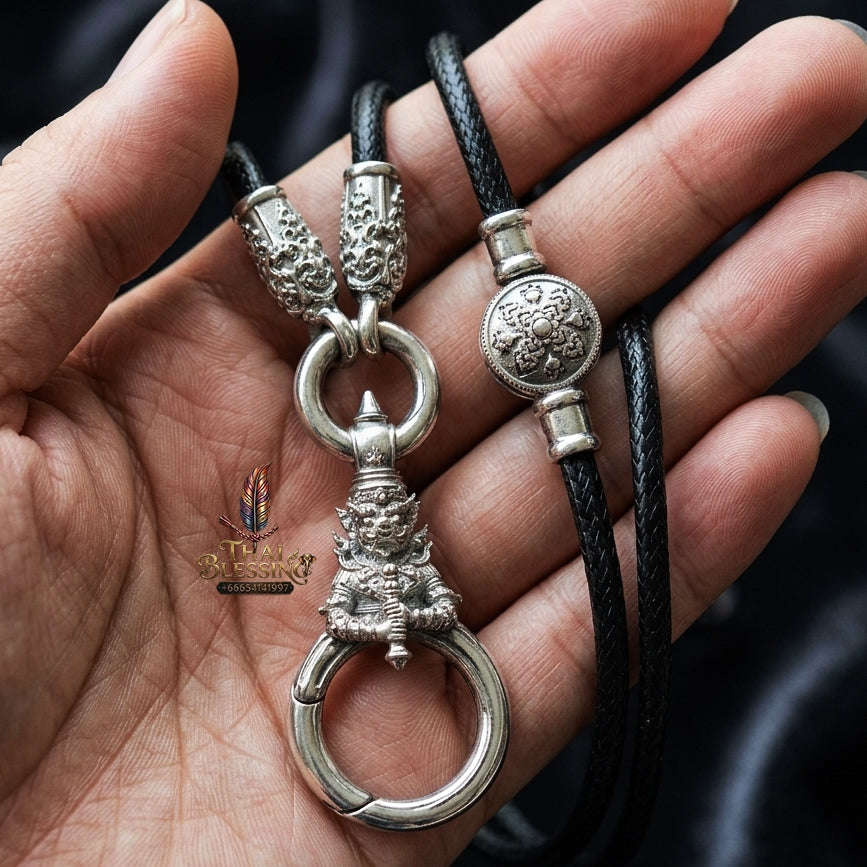 Authentic Sacred Thai Fine Art Amulet Necklace "Na Thep - Vessabusa Thao Wessuwan Edition" (925 Sterling Silver Rhodium-Plated Carabiner Clasp with Premium Korean Cord) Thai Blessing Co By RURUECHA