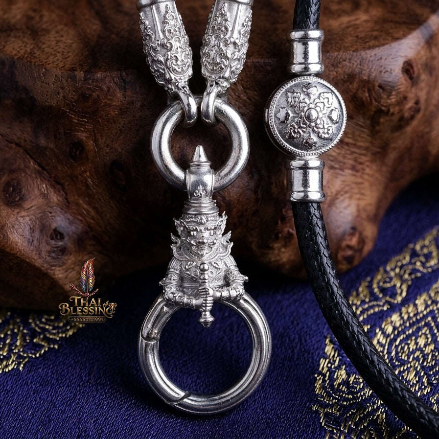 Authentic Sacred Thai Fine Art Amulet Necklace "Na Thep - Vessabusa Thao Wessuwan Edition" (925 Sterling Silver Rhodium-Plated Carabiner Clasp with Premium Korean Cord) Thai Blessing Co By RURUECHA