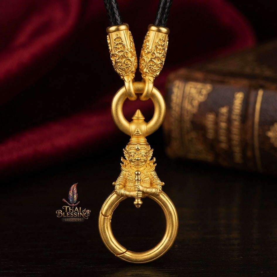 Authentic Sacred Thai Fine Art Amulet Necklace "Na Thep - Vessabusa Thao Wessuwan Edition" (Real Gold-Plated Bronze Carabiner Clasp with Premium Korean Cord) Thai Blessing Co By RURUECHA
