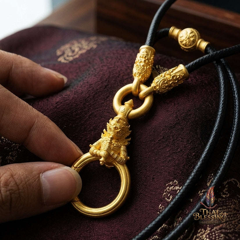Authentic Sacred Thai Fine Art Amulet Necklace "Na Thep - Vessabusa Thao Wessuwan Edition" (Real Gold-Plated Bronze Carabiner Clasp with Premium Korean Cord) Thai Blessing Co By RURUECHA