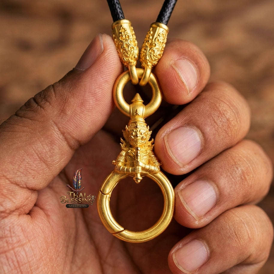 Authentic Sacred Thai Fine Art Amulet Necklace "Na Thep - Vessabusa Thao Wessuwan Edition" (Real Gold-Plated Bronze Carabiner Clasp with Premium Korean Cord) Thai Blessing Co By RURUECHA