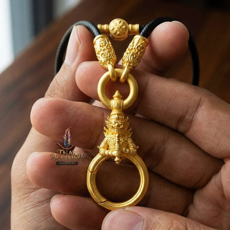 Authentic Sacred Thai Fine Art Amulet Necklace "Na Thep - Vessabusa Thao Wessuwan Edition" (Real Gold-Plated Bronze Carabiner Clasp with Premium Korean Cord) Thai Blessing Co By RURUECHA