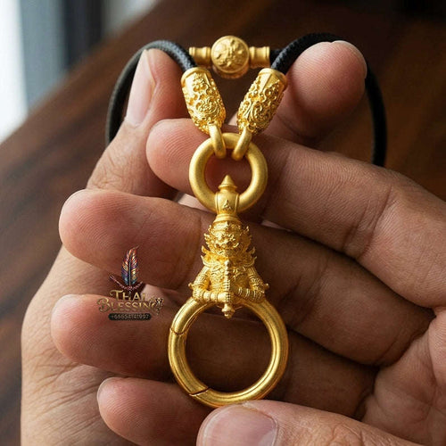 Authentic Sacred Thai Fine Art Amulet Necklace "Na Thep - Vessabusa Thao Wessuwan Edition" (Real Gold-Plated Bronze Carabiner Clasp with Premium Korean Cord) Thai Blessing Co By RURUECHA