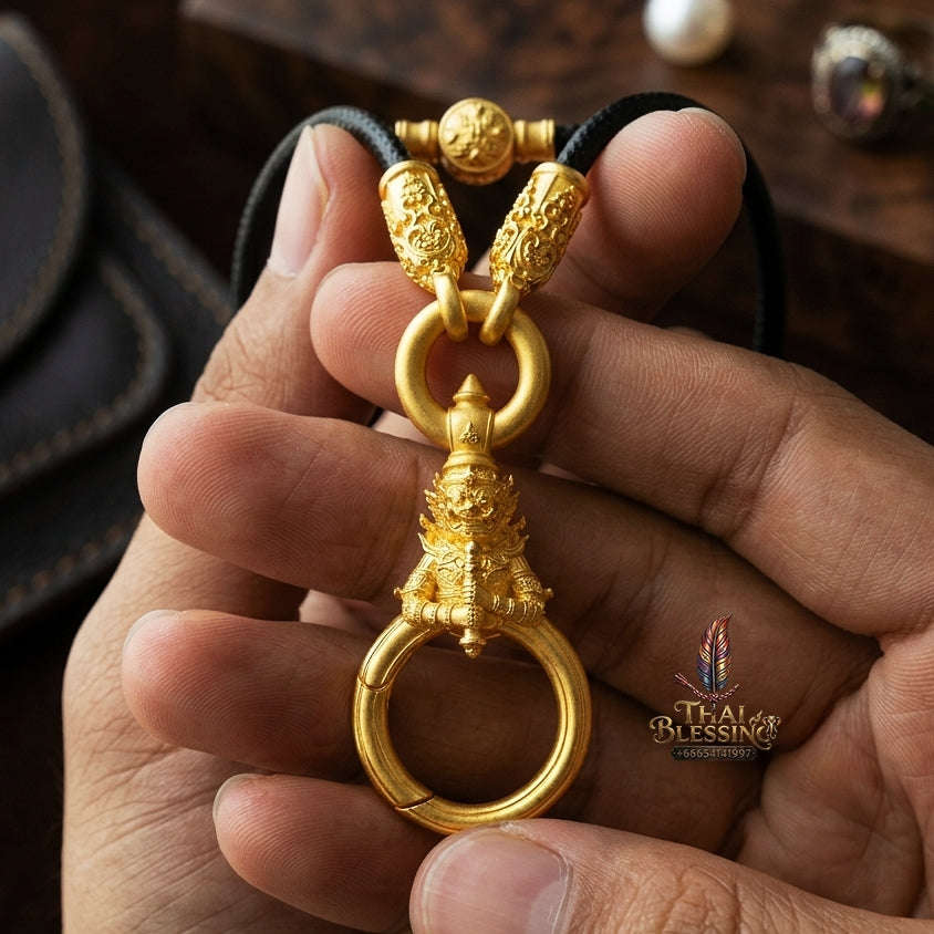 Authentic Sacred Thai Fine Art Amulet Necklace "Na Thep - Vessabusa Thao Wessuwan Edition" (Real Gold-Plated Bronze Carabiner Clasp with Premium Korean Cord) Thai Blessing Co By RURUECHA