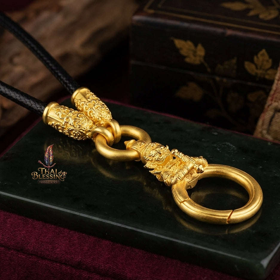 Authentic Sacred Thai Fine Art Amulet Necklace "Na Thep - Vessabusa Thao Wessuwan Edition" (Real Gold-Plated Bronze Carabiner Clasp with Premium Korean Cord) Thai Blessing Co By RURUECHA