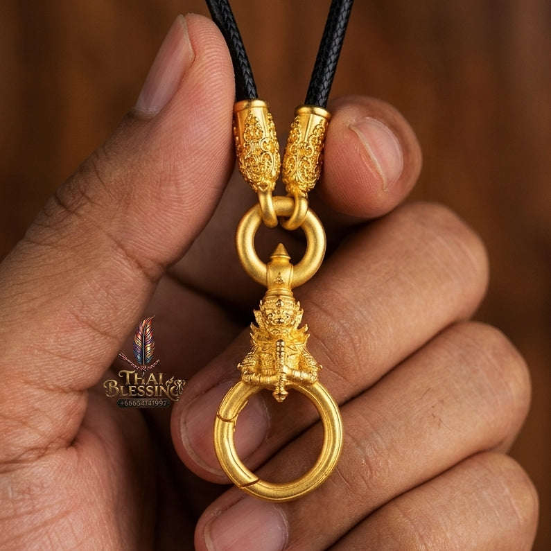 Authentic Sacred Thai Fine Art Amulet Necklace "Na Thep - Vessabusa Thao Wessuwan Edition" (Real Gold-Plated Bronze Carabiner Clasp with Premium Korean Cord) Thai Blessing Co By RURUECHA