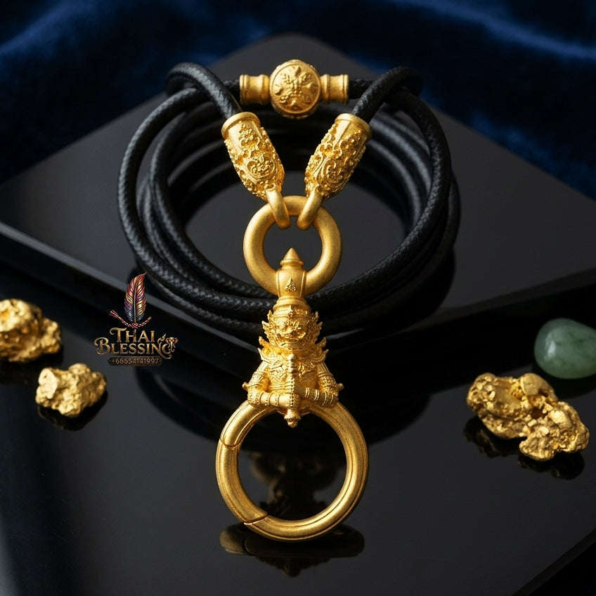 Authentic Sacred Thai Fine Art Amulet Necklace "Na Thep - Vessabusa Thao Wessuwan Edition" (Real Gold-Plated Bronze Carabiner Clasp with Premium Korean Cord) Thai Blessing Co By RURUECHA