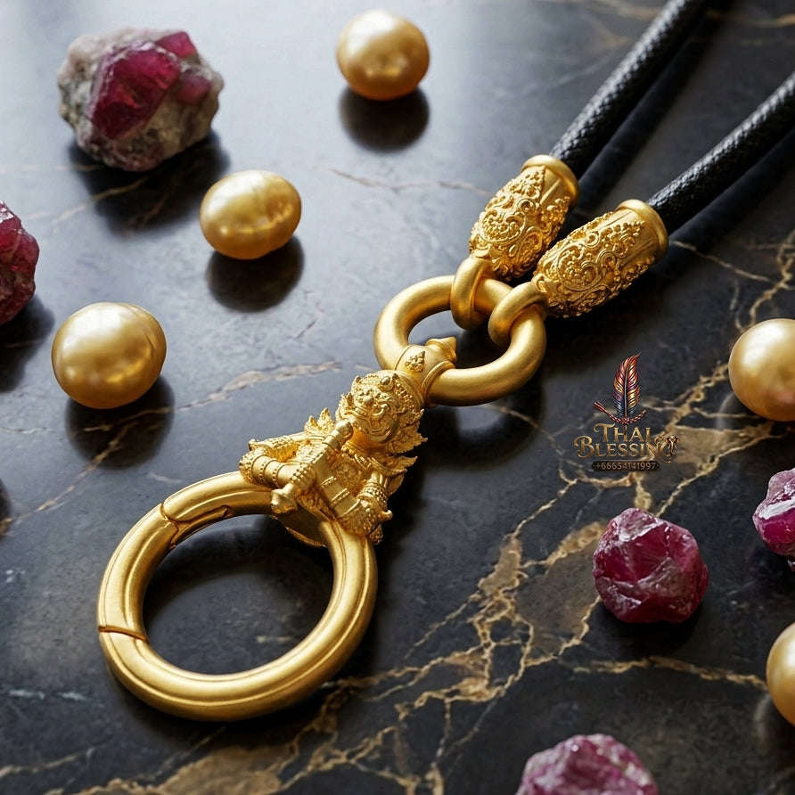 Authentic Sacred Thai Fine Art Amulet Necklace "Na Thep - Vessabusa Thao Wessuwan Edition" (Real Gold-Plated Bronze Carabiner Clasp with Premium Korean Cord) Thai Blessing Co By RURUECHA