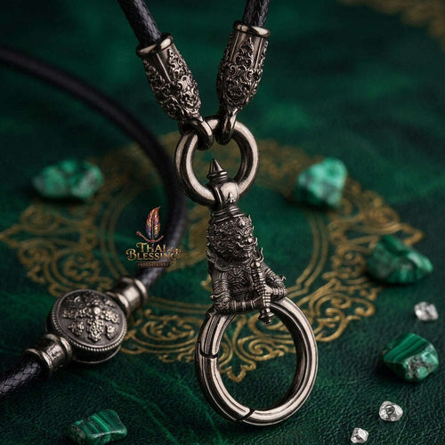 Authentic Sacred Thai Fine Art Amulet Necklace "Na Thep - Wessapusa Thao Wessuwan Edition" (Black Rhodium-Plated Bronze Carabiner Clasp with Premium Korean Cord) Thai Blessing Co By RURUECHA