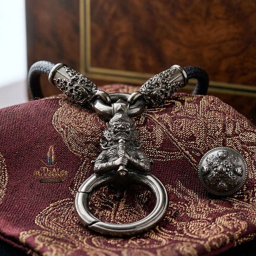 Authentic Sacred Thai Fine Art Amulet Necklace "Na Thep - Wessapusa Thao Wessuwan Edition" (Black Rhodium-Plated Bronze Carabiner Clasp with Premium Korean Cord) Thai Blessing Co By RURUECHA