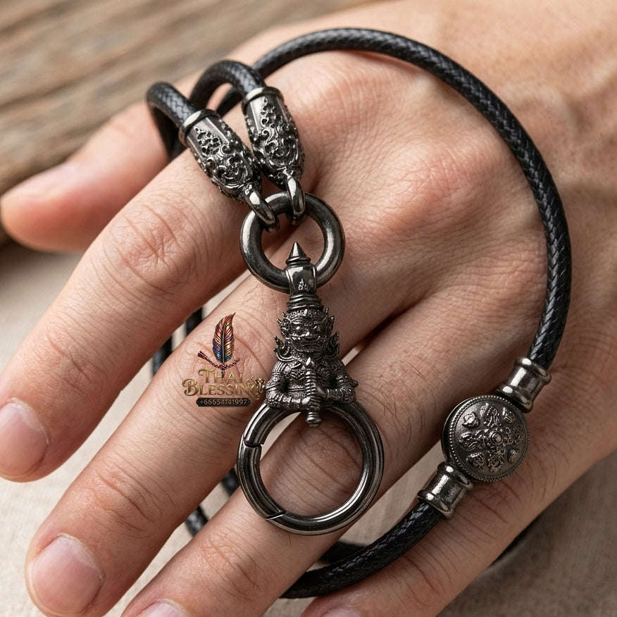 Authentic Sacred Thai Fine Art Amulet Necklace "Na Thep - Wessapusa Thao Wessuwan Edition" (Black Rhodium-Plated Bronze Carabiner Clasp with Premium Korean Cord) Thai Blessing Co By RURUECHA