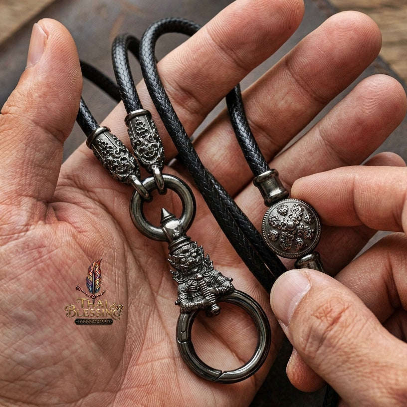 Authentic Sacred Thai Fine Art Amulet Necklace "Na Thep - Wessapusa Thao Wessuwan Edition" (Black Rhodium-Plated Bronze Carabiner Clasp with Premium Korean Cord) Thai Blessing Co By RURUECHA