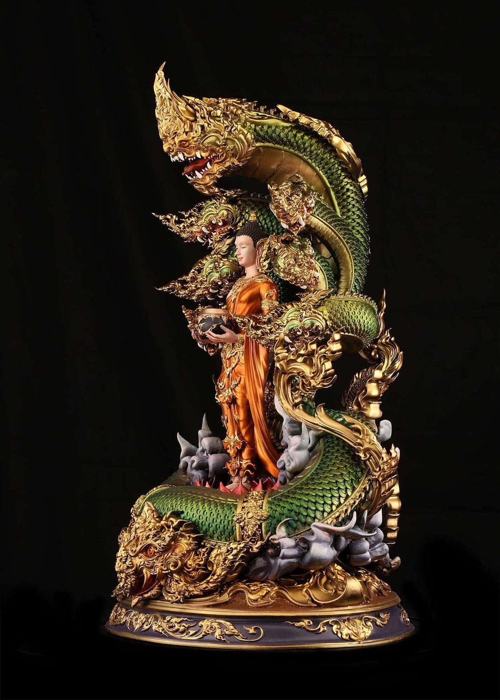 Authentic Sacred Thai Fine Art Bronze Statue "Phra Phuttha Chariyawat Um Bat Prok Nagaraja" (Standing Alms-Bowl Buddha protected by Naga - 40 cm / 16 Inch High Altar Size - 14 kg) Thai Blessing Co By RURUECHA