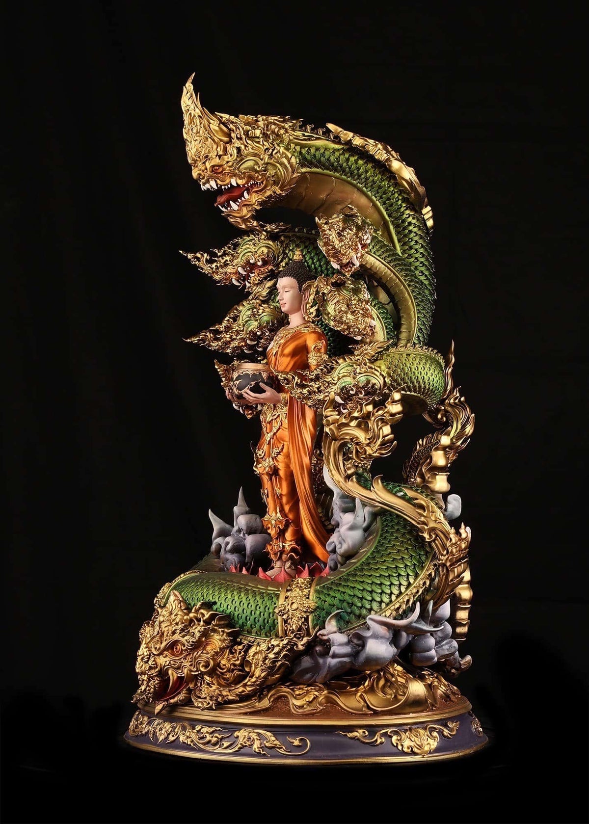 Authentic Sacred Thai Fine Art Bronze Statue "Phra Phuttha Chariyawat Um Bat Prok Nagaraja" (Standing Alms-Bowl Buddha protected by Naga - 40 cm / 16 Inch High Altar Size - 14 kg) Thai Blessing Co By RURUECHA