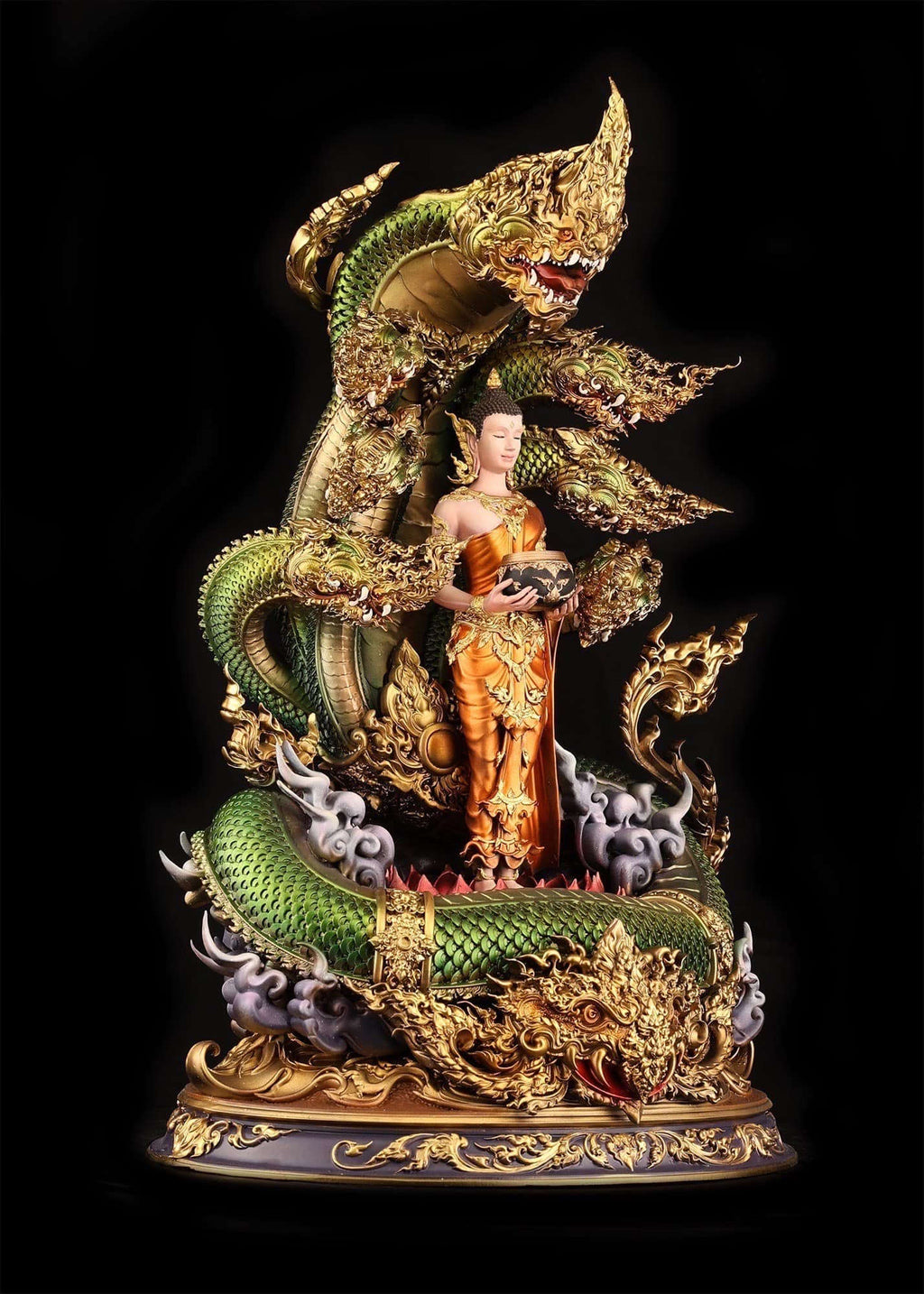 Authentic Sacred Thai Fine Art Bronze Statue "Phra Phuttha Chariyawat Um Bat Prok Nagaraja" (Standing Alms-Bowl Buddha protected by Naga - 40 cm / 16 Inch High Altar Size - 14 kg) Thai Blessing Co By RURUECHA