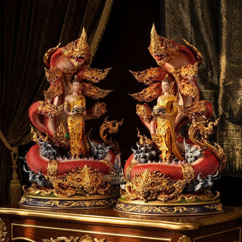 Authentic Sacred Thai Fine Art Bronze Statue "Phra Phuttha Chariyawat Um Bat Prok Nagaraja" (Standing Alms-Bowl Buddha protected by Naga - 40 cm / 16 Inch High Altar Size - 14 kg) Thai Blessing Co By RURUECHA