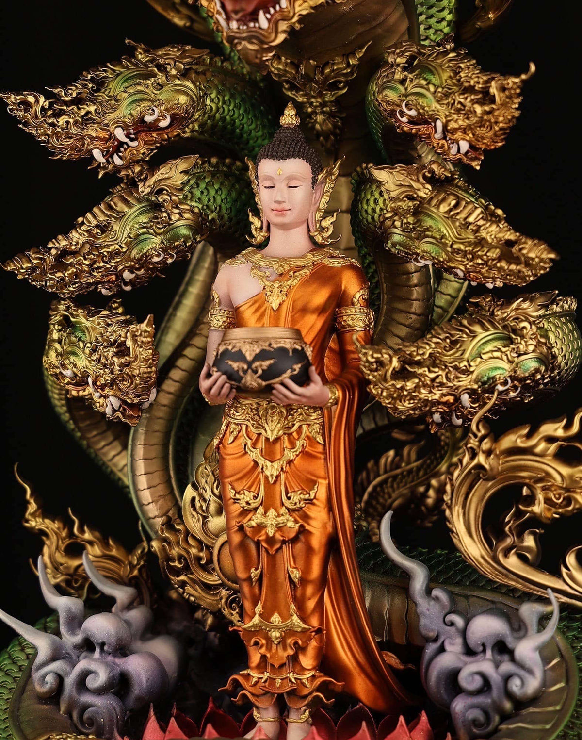 Authentic Sacred Thai Fine Art Bronze Statue "Phra Phuttha Chariyawat Um Bat Prok Nagaraja" (Standing Alms-Bowl Buddha protected by Naga - 40 cm / 16 Inch High Altar Size - 14 kg) Thai Blessing Co By RURUECHA
