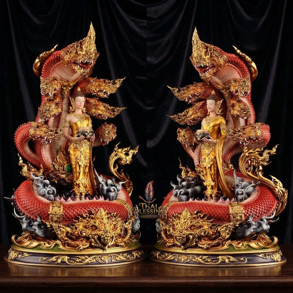 Authentic Sacred Thai Fine Art Bronze Statue "Phra Phuttha Chariyawat Um Bat Prok Nagaraja" (Standing Alms-Bowl Buddha protected by Naga - 40 cm / 16 Inch High Altar Size - 14 kg) Thai Blessing Co By RURUECHA