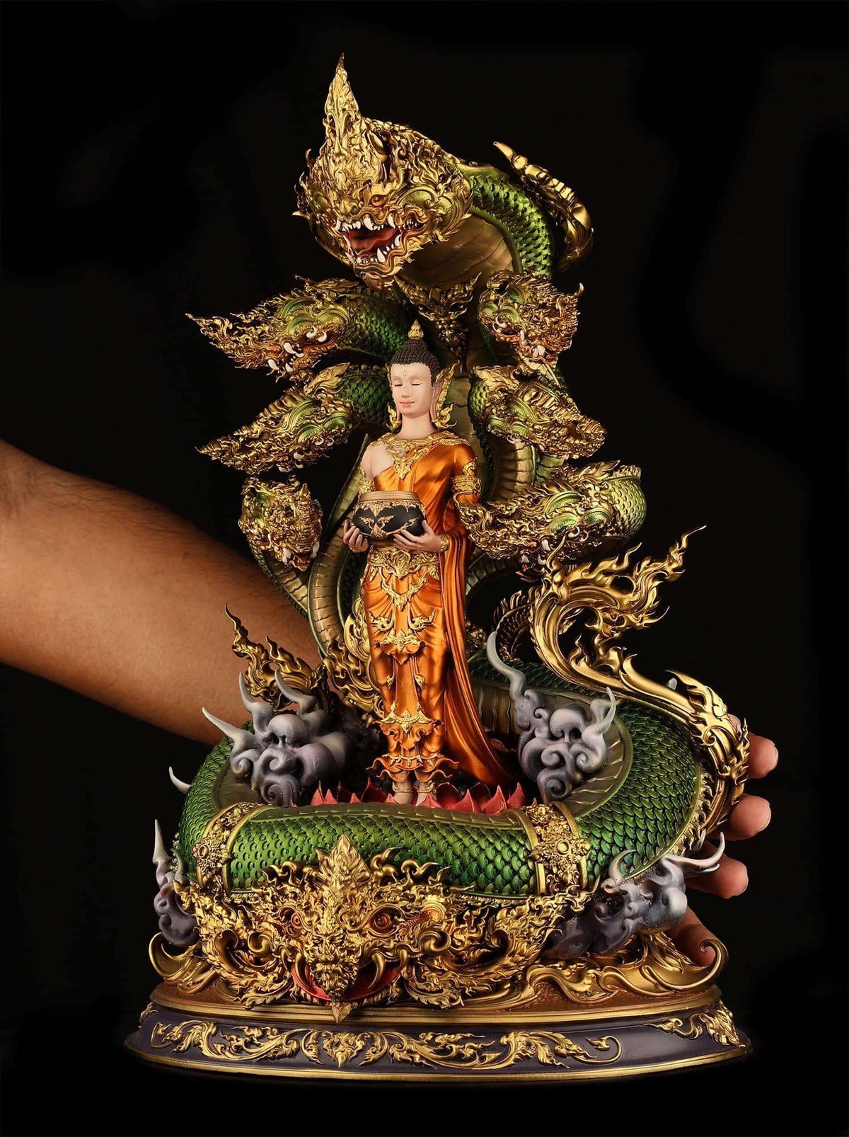 Authentic Sacred Thai Fine Art Bronze Statue "Phra Phuttha Chariyawat Um Bat Prok Nagaraja" (Standing Alms-Bowl Buddha protected by Naga - 40 cm / 16 Inch High Altar Size - 14 kg) Thai Blessing Co By RURUECHA