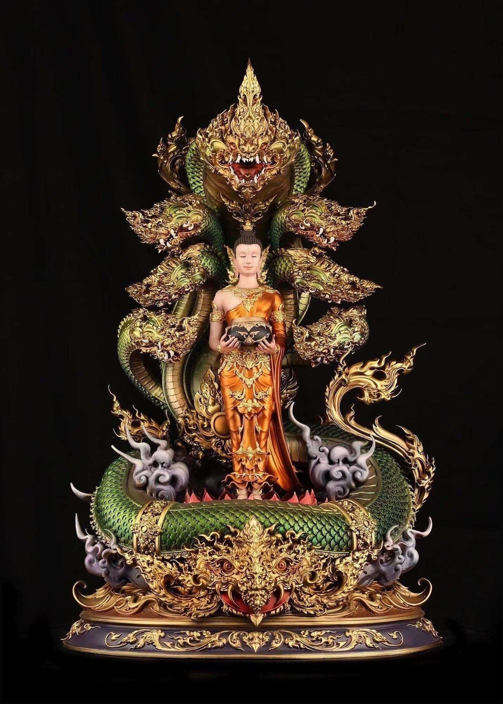 Authentic Sacred Thai Fine Art Bronze Statue "Phra Phuttha Chariyawat Um Bat Prok Nagaraja" (Standing Alms-Bowl Buddha protected by Naga - 40 cm / 16 Inch High Altar Size - 14 kg) Thai Blessing Co By RURUECHA