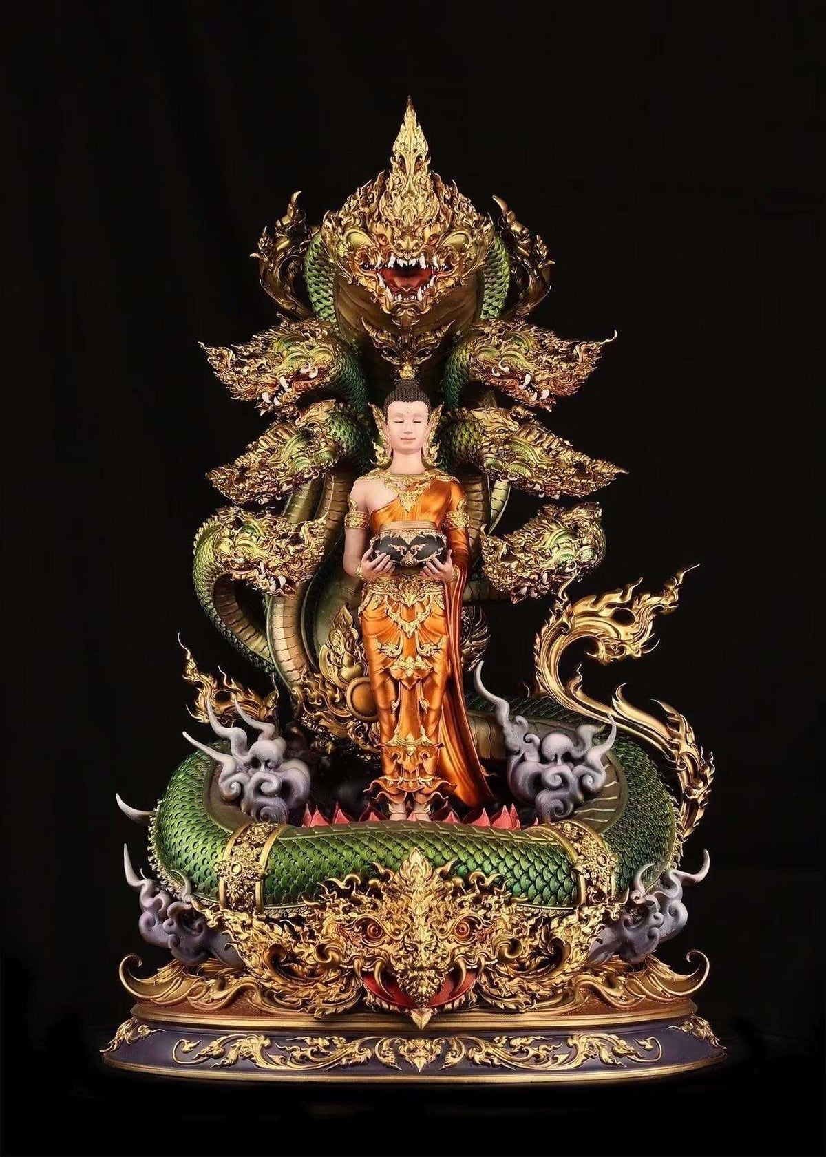 Authentic Sacred Thai Fine Art Bronze Statue "Phra Phuttha Chariyawat Um Bat Prok Nagaraja" (Standing Alms-Bowl Buddha protected by Naga - 40 cm / 16 Inch High Altar Size - 14 kg) Thai Blessing Co By RURUECHA