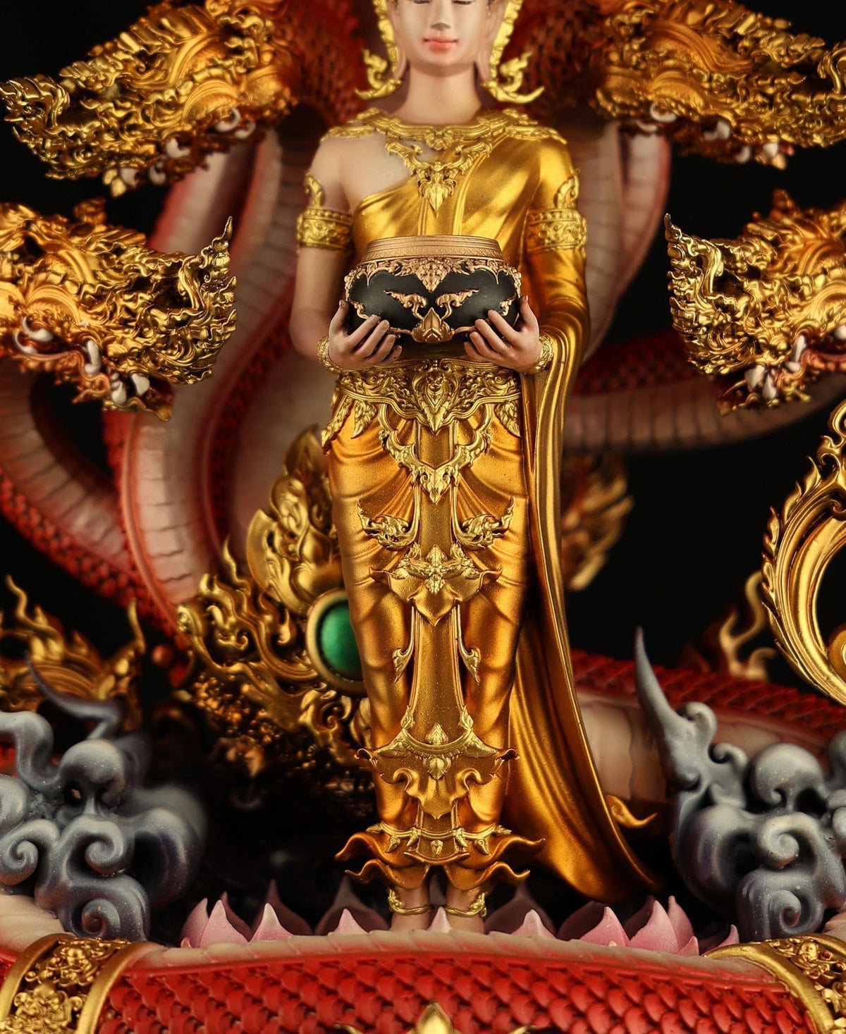 Authentic Sacred Thai Fine Art Bronze Statue "Phra Phuttha Chariyawat Um Bat Prok Nagaraja" (Standing Alms-Bowl Buddha protected by Naga - 40 cm / 16 Inch High Altar Size - 14 kg) Thai Blessing Co By RURUECHA