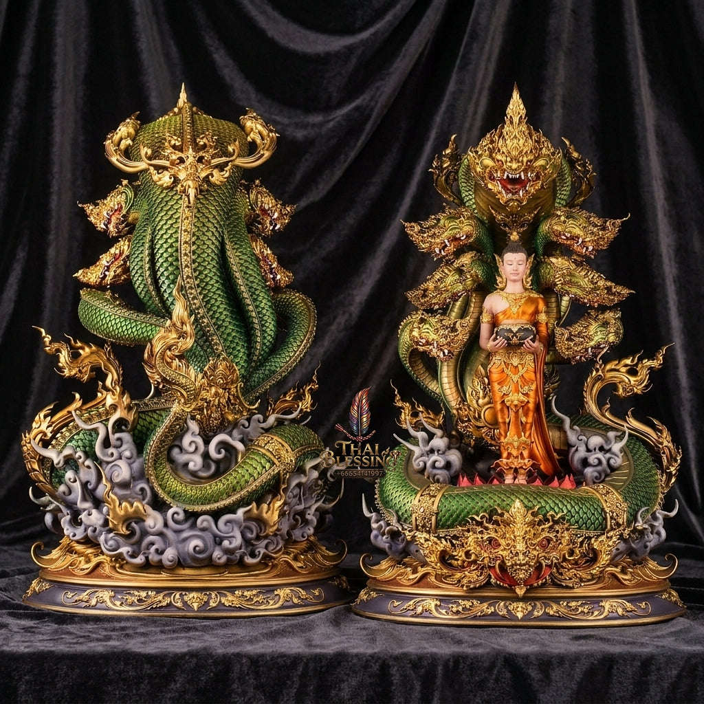Authentic Sacred Thai Fine Art Bronze Statue "Phra Phuttha Chariyawat Um Bat Prok Nagaraja" (Standing Alms-Bowl Buddha protected by Naga - 40 cm / 16 Inch High Altar Size - 14 kg) Thai Blessing Co By RURUECHA