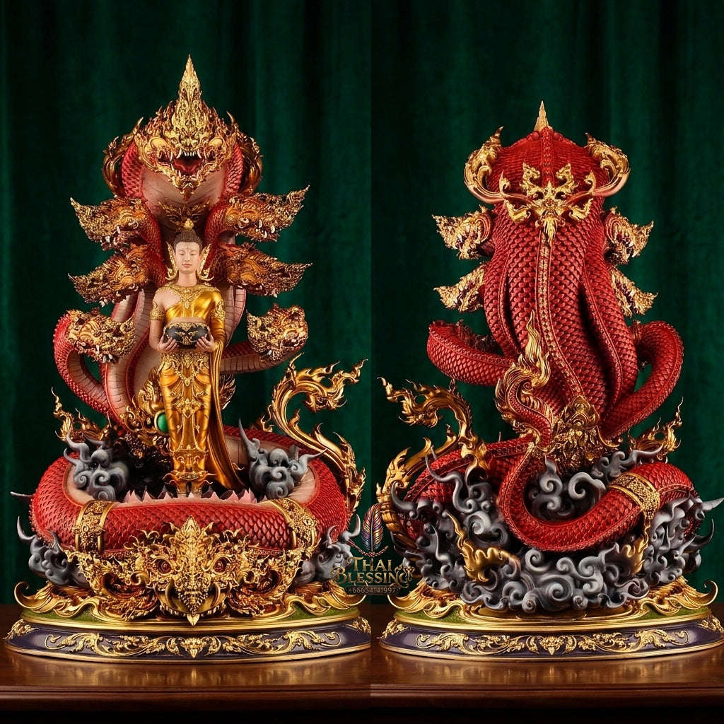 Authentic Sacred Thai Fine Art Bronze Statue "Phra Phuttha Chariyawat Um Bat Prok Nagaraja" (Standing Alms-Bowl Buddha protected by Naga - 40 cm / 16 Inch High Altar Size - 14 kg) Thai Blessing Co By RURUECHA