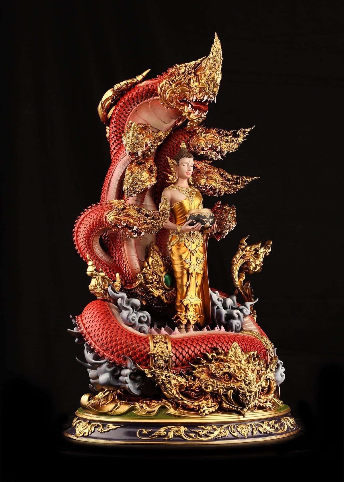Authentic Sacred Thai Fine Art Bronze Statue "Phra Phuttha Chariyawat Um Bat Prok Nagaraja" (Standing Alms-Bowl Buddha protected by Naga - 40 cm / 16 Inch High Altar Size - 14 kg) Thai Blessing Co By RURUECHA