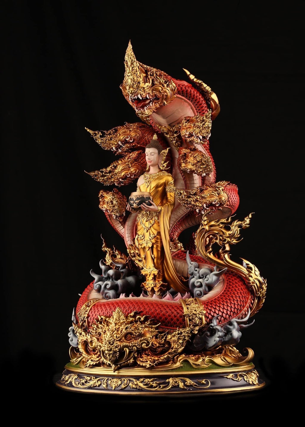 Authentic Sacred Thai Fine Art Bronze Statue "Phra Phuttha Chariyawat Um Bat Prok Nagaraja" (Standing Alms-Bowl Buddha protected by Naga - 40 cm / 16 Inch High Altar Size - 14 kg) Thai Blessing Co By RURUECHA