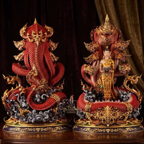 Authentic Sacred Thai Fine Art Bronze Statue "Phra Phuttha Chariyawat Um Bat Prok Nagaraja" (Standing Alms-Bowl Buddha protected by Naga - 40 cm / 16 Inch High Altar Size - 14 kg) Thai Blessing Co By RURUECHA