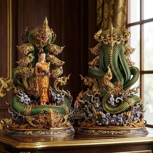 Authentic Sacred Thai Fine Art Bronze Statue "Phra Phuttha Chariyawat Um Bat Prok Nagaraja" (Standing Alms-Bowl Buddha protected by Naga - 40 cm / 16 Inch High Altar Size - 14 kg) Thai Blessing Co By RURUECHA