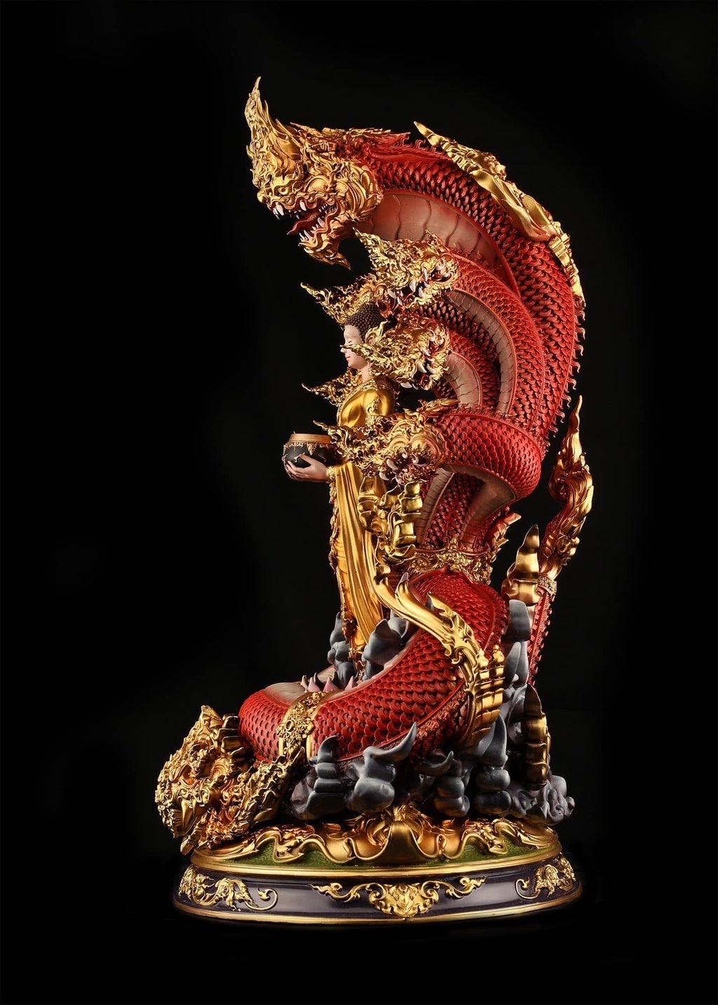Authentic Sacred Thai Fine Art Bronze Statue "Phra Phuttha Chariyawat Um Bat Prok Nagaraja" (Standing Alms-Bowl Buddha protected by Naga - 40 cm / 16 Inch High Altar Size - 14 kg) Thai Blessing Co By RURUECHA