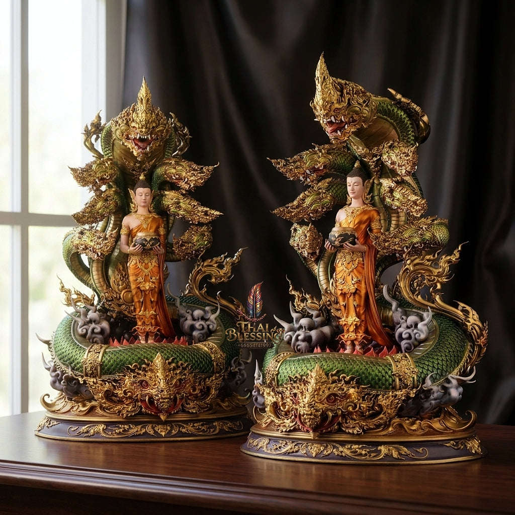 Authentic Sacred Thai Fine Art Bronze Statue "Phra Phuttha Chariyawat Um Bat Prok Nagaraja" (Standing Alms-Bowl Buddha protected by Naga - 40 cm / 16 Inch High Altar Size - 14 kg) Thai Blessing Co By RURUECHA