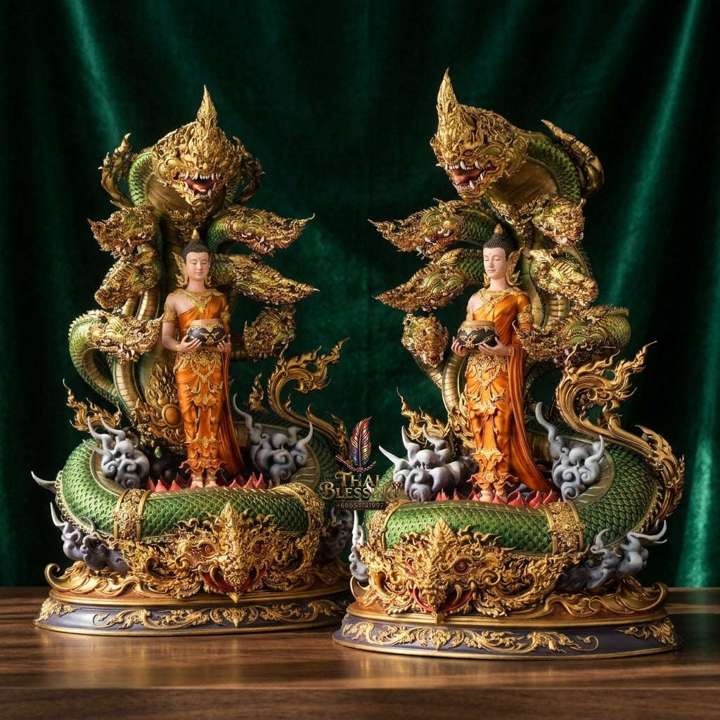 Authentic Sacred Thai Fine Art Bronze Statue "Phra Phuttha Chariyawat Um Bat Prok Nagaraja" (Standing Alms-Bowl Buddha protected by Naga - 40 cm / 16 Inch High Altar Size - 14 kg) Thai Blessing Co By RURUECHA