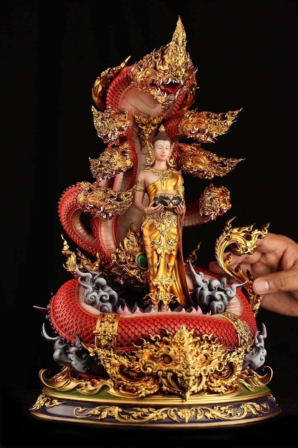 Authentic Sacred Thai Fine Art Bronze Statue "Phra Phuttha Chariyawat Um Bat Prok Nagaraja" (Standing Alms-Bowl Buddha protected by Naga - 40 cm / 16 Inch High Altar Size - 14 kg) Thai Blessing Co By RURUECHA
