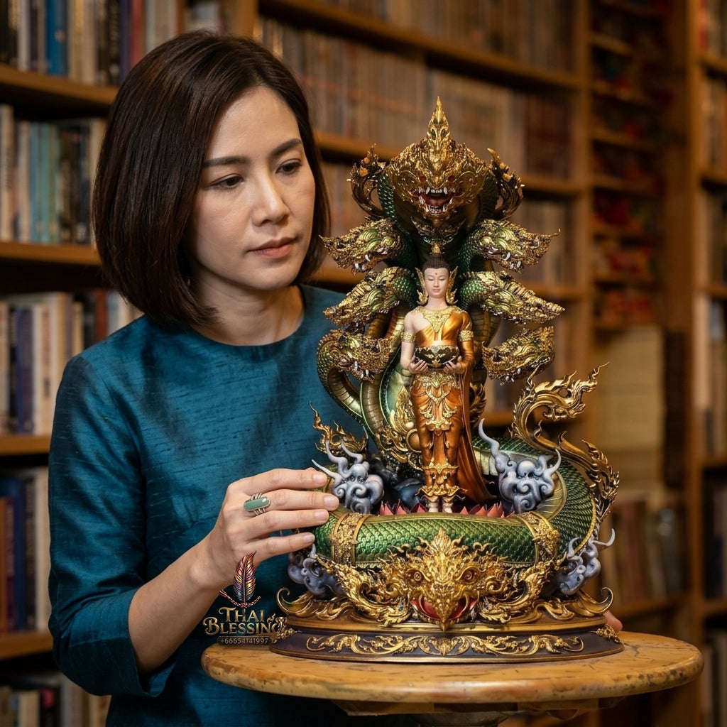 Authentic Sacred Thai Fine Art Bronze Statue "Phra Phuttha Chariyawat Um Bat Prok Nagaraja" (Standing Alms-Bowl Buddha protected by Naga - 40 cm / 16 Inch High Altar Size - 14 kg) Thai Blessing Co By RURUECHA