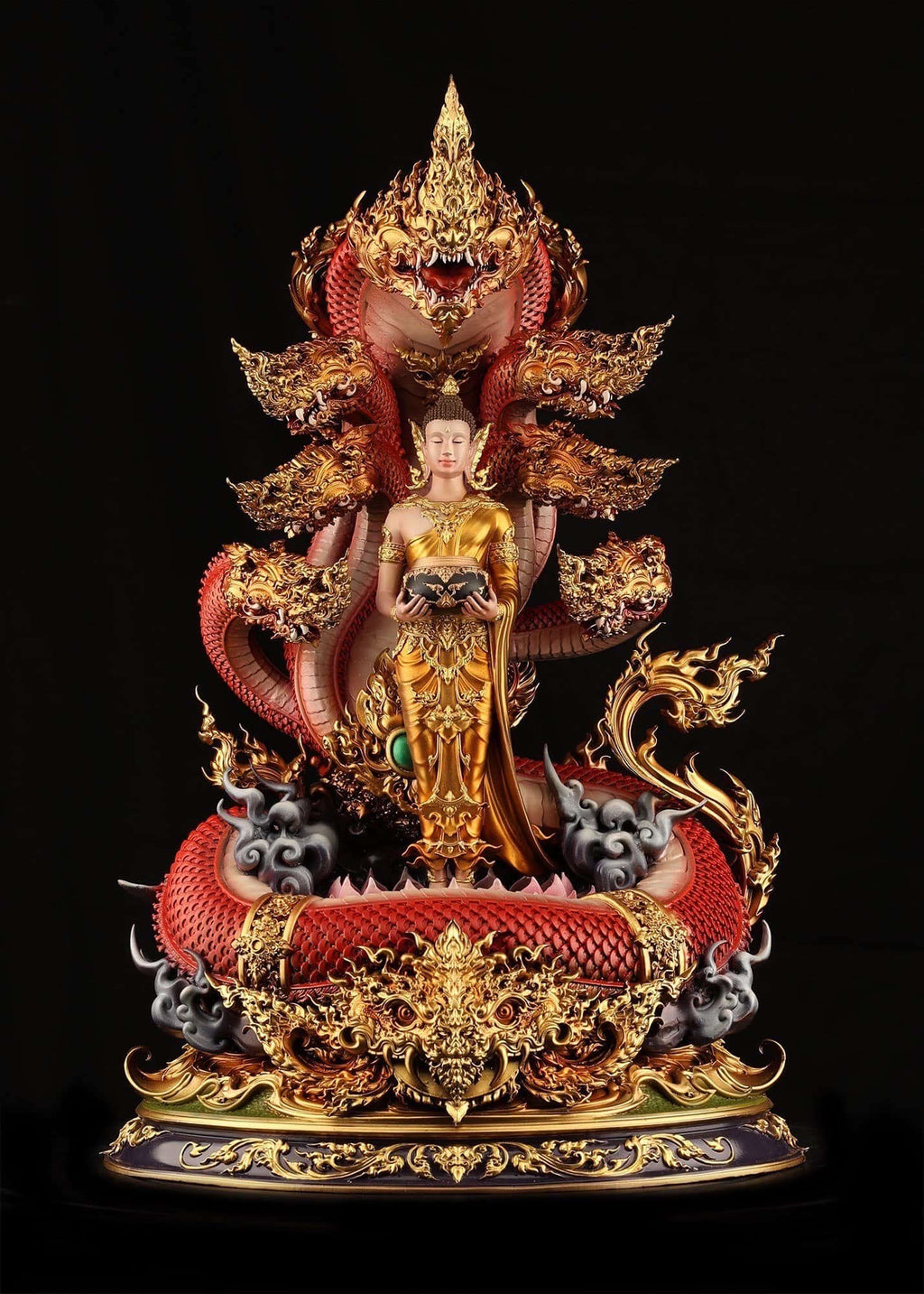 Authentic Sacred Thai Fine Art Bronze Statue "Phra Phuttha Chariyawat Um Bat Prok Nagaraja" (Standing Alms-Bowl Buddha protected by Naga - 40 cm / 16 Inch High Altar Size - 14 kg) Thai Blessing Co By RURUECHA