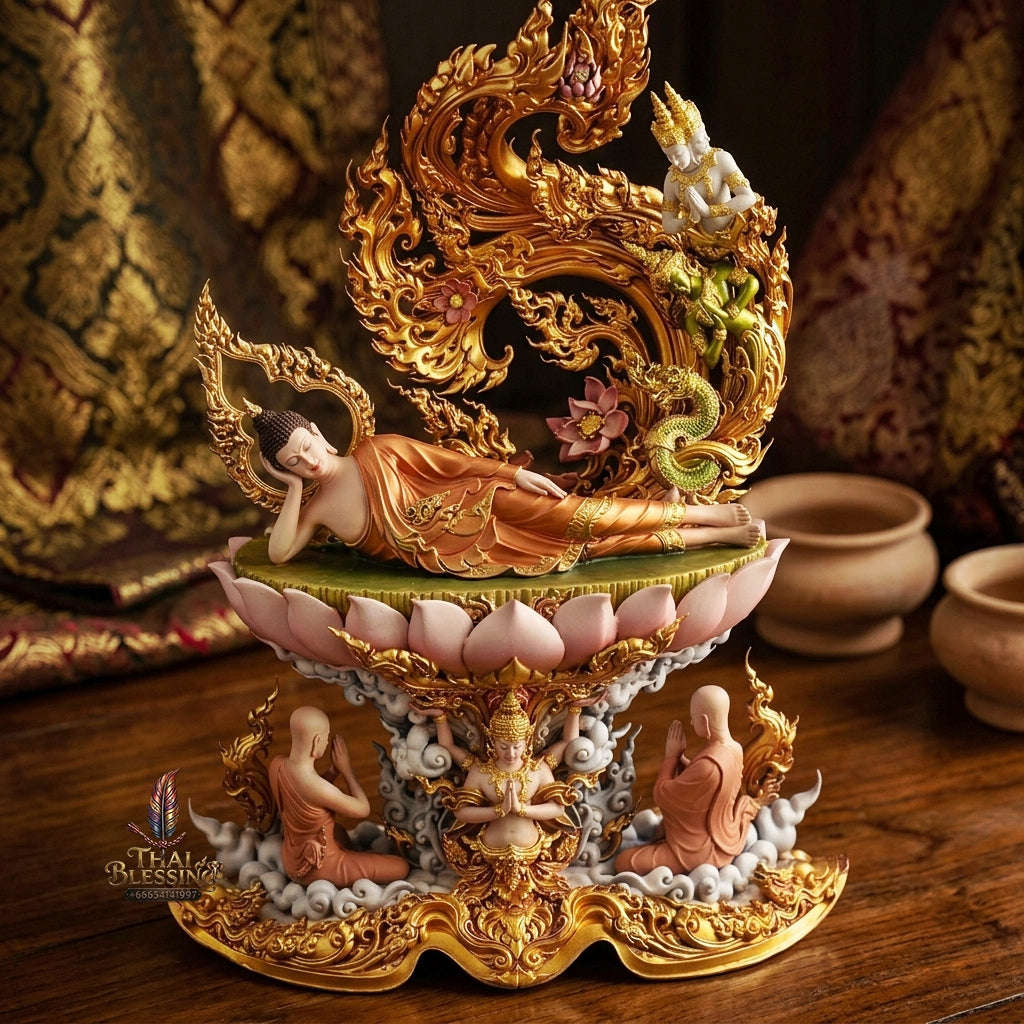 Authentic Sacred Thai Fine Art Hand-Painted Bronze Statue "Phra Chaturaphit Barami Saiyat" (Reclining Buddha - 44 cm / 17 Inch High Altar Size - 10 kg) Thai Blessing Co By RURUECHA