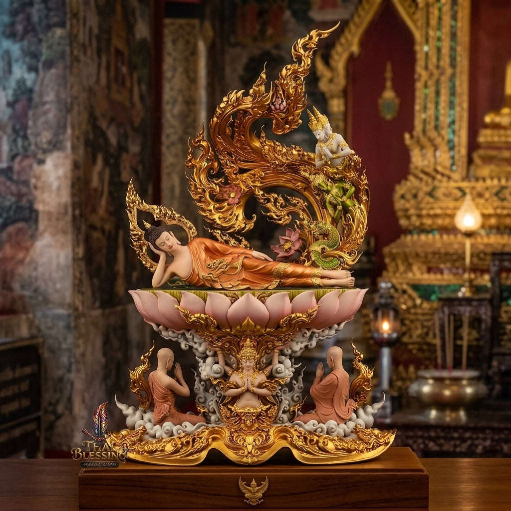 Authentic Sacred Thai Fine Art Hand-Painted Bronze Statue "Phra Chaturaphit Barami Saiyat" (Reclining Buddha - 44 cm / 17 Inch High Altar Size - 10 kg) Thai Blessing Co By RURUECHA