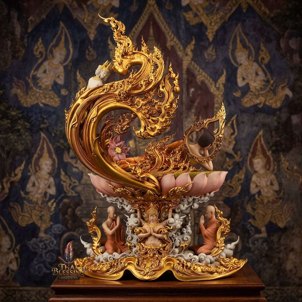Authentic Sacred Thai Fine Art Hand-Painted Bronze Statue "Phra Chaturaphit Barami Saiyat" (Reclining Buddha - 44 cm / 17 Inch High Altar Size - 10 kg) Thai Blessing Co By RURUECHA