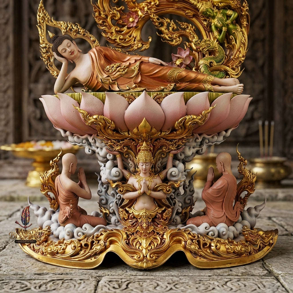 Authentic Sacred Thai Fine Art Hand-Painted Bronze Statue "Phra Chaturaphit Barami Saiyat" (Reclining Buddha - 44 cm / 17 Inch High Altar Size - 10 kg) Thai Blessing Co By RURUECHA