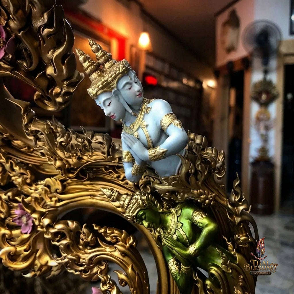 Authentic Sacred Thai Fine Art Hand-Painted Bronze Statue "Phra Chaturaphit Barami Saiyat" (Reclining Buddha - 44 cm / 17 Inch High Altar Size - 10 kg) Thai Blessing Co By RURUECHA