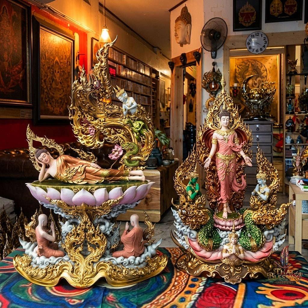 Authentic Sacred Thai Fine Art Hand-Painted Bronze Statue "Phra Chaturaphit Barami Saiyat" (Reclining Buddha - 44 cm / 17 Inch High Altar Size - 10 kg) Thai Blessing Co By RURUECHA